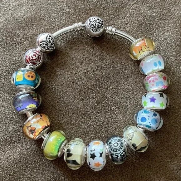 Authentic Pandora Bangle Heart Clasp Bracelet w/ 15 Charms Jewelry